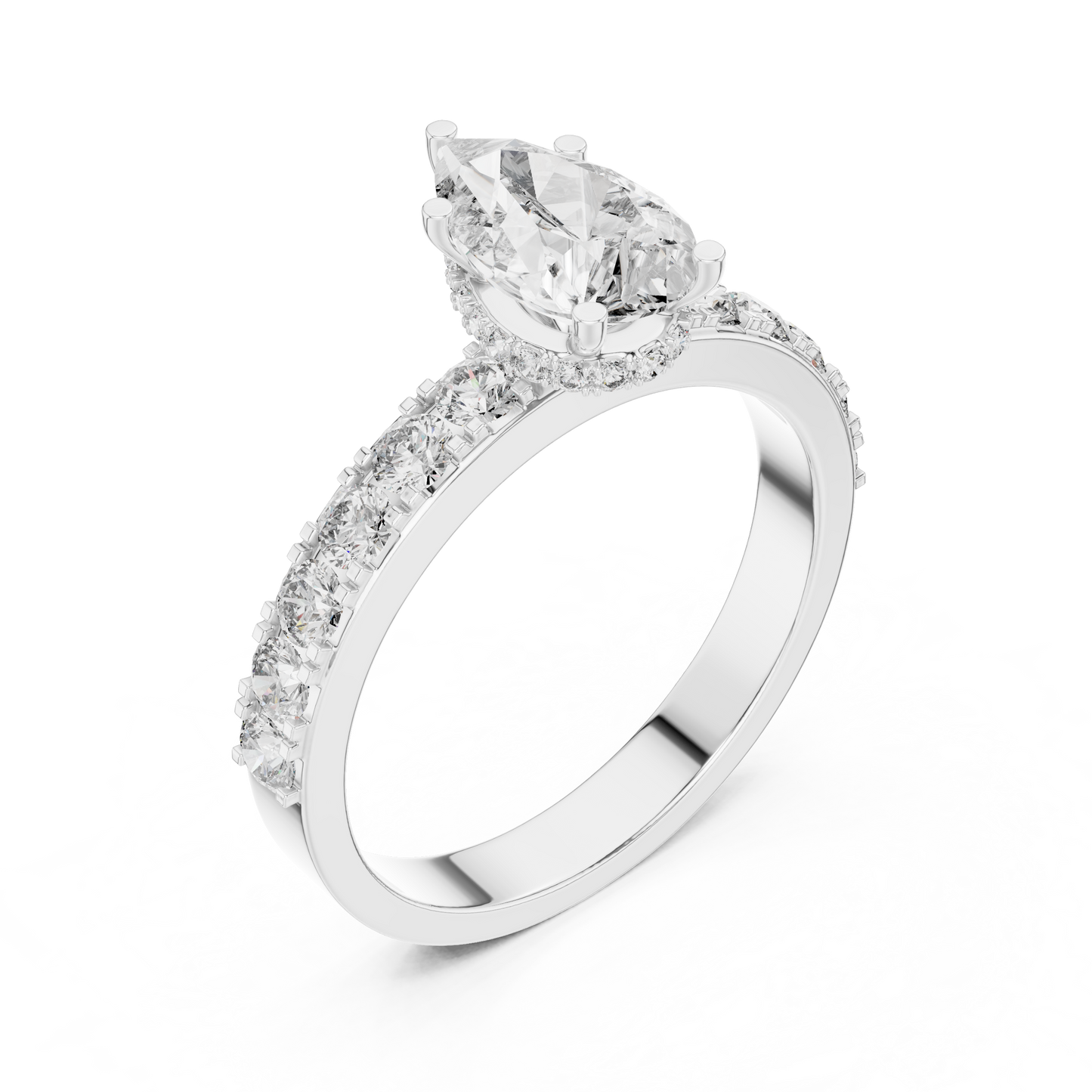 Pear Cut Lab Grown Diamond Engagement Ring | Hidden Halo Bubble Pavé Band | 10K, 14K, and 18K Gold