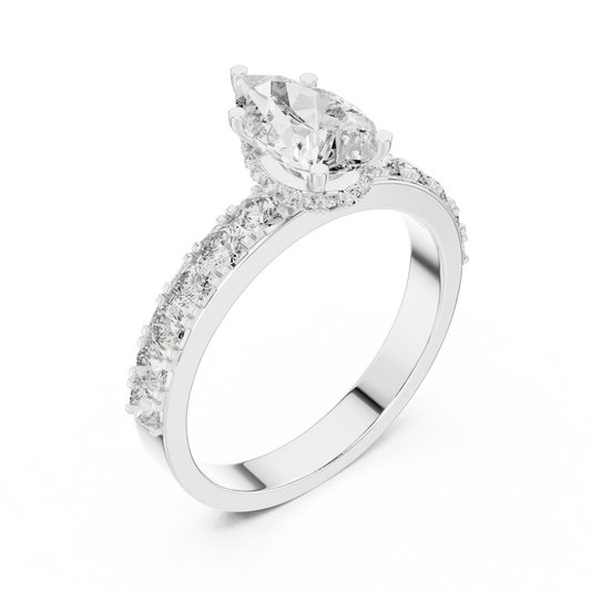 Pear Cut Lab Grown Diamond Engagement Ring | Hidden Halo Bubble Pavé Band | 10K, 14K, and 18K Gold