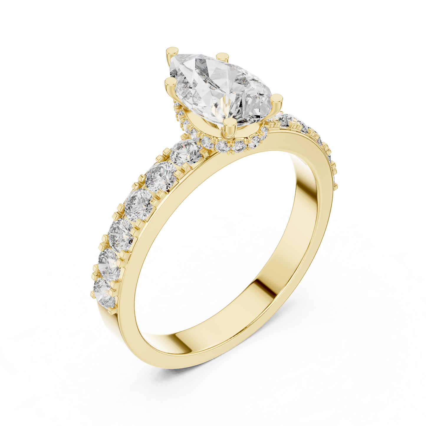 Pear Cut Lab Grown Diamond Engagement Ring | Hidden Halo Bubble Pavé Band | 10K, 14K, and 18K Gold
