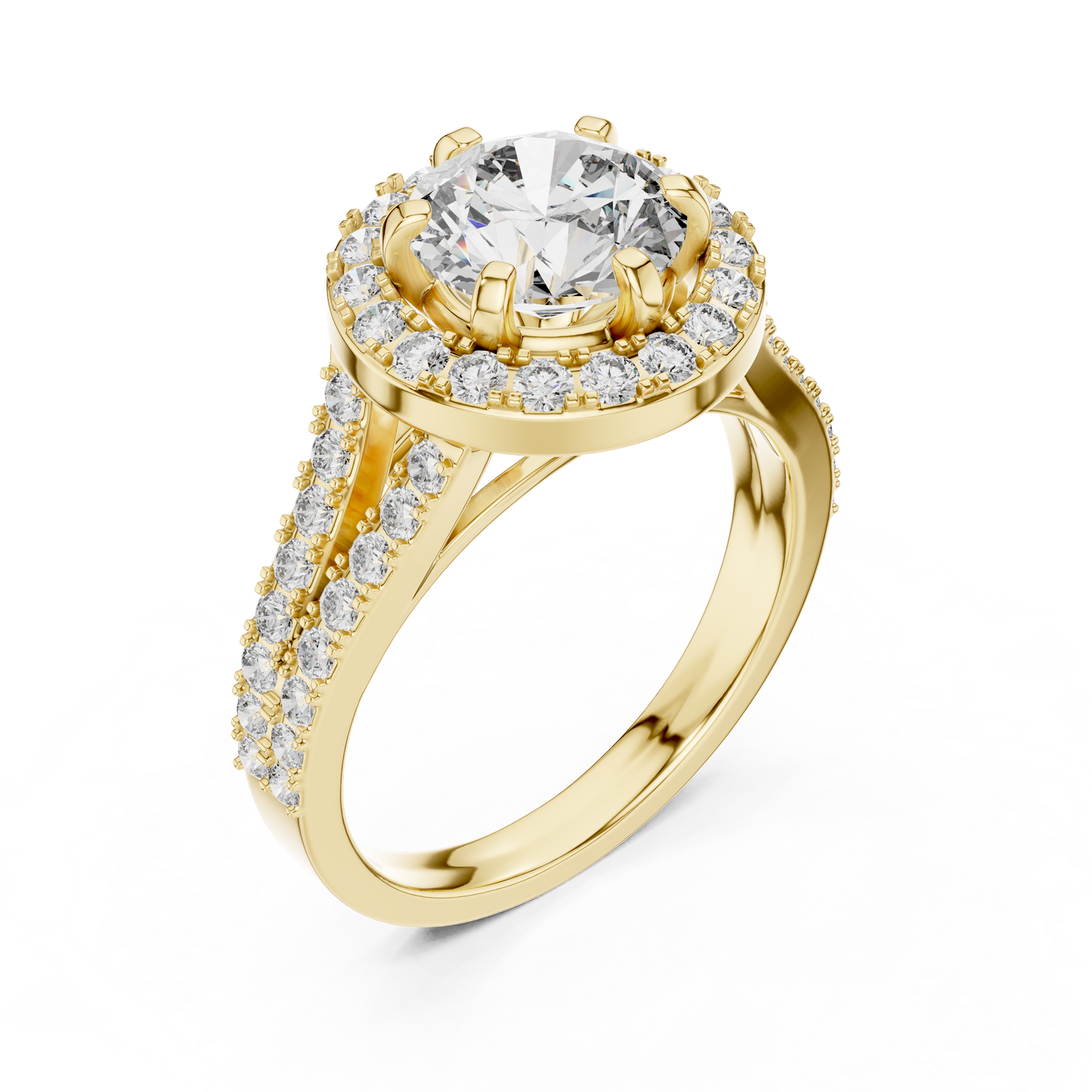 Round Lab Grown Diamond Engagement Ring | Triple-Row Pavé Halo Style | 10K, 14K, and 18K Gold