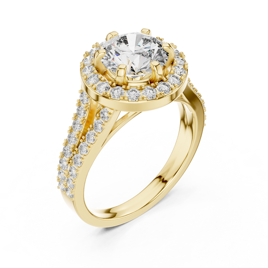 Round Lab Grown Diamond Engagement Ring | Triple-Row Pavé Halo Style | 10K, 14K, and 18K Gold