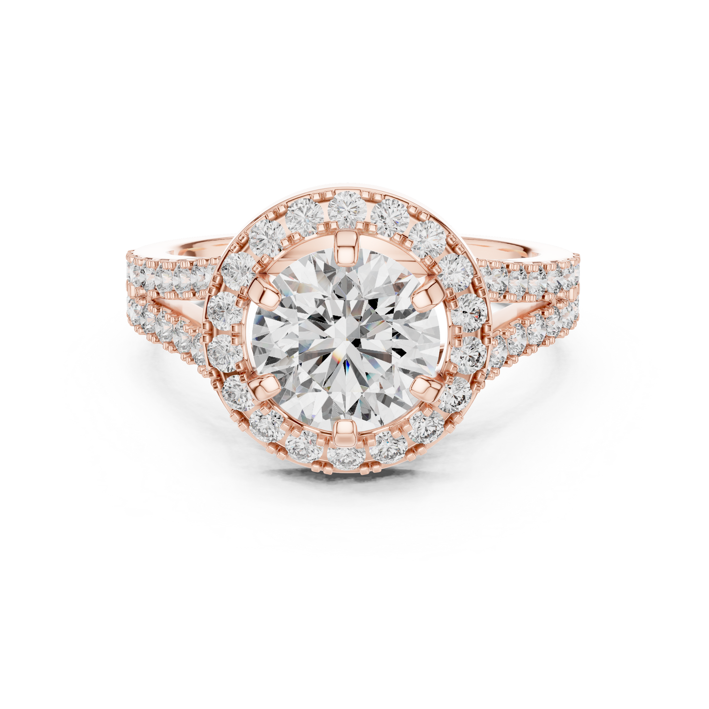 Round Lab Grown Diamond Engagement Ring | Triple-Row Pavé Halo Style | 10K, 14K, and 18K Gold