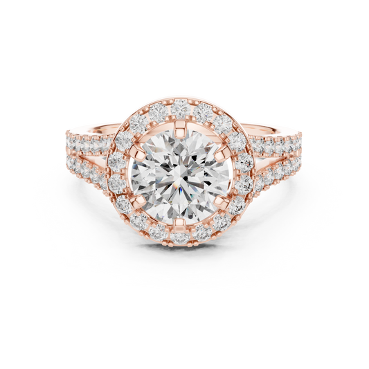 Round Lab Grown Diamond Engagement Ring | Triple-Row Pavé Halo Style | 10K, 14K, and 18K Gold