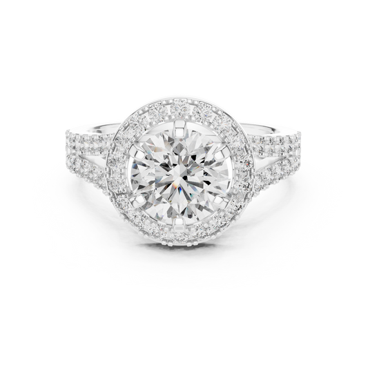 Round Lab Grown Diamond Engagement Ring | Triple-Row Pavé Halo Style | 10K, 14K, and 18K Gold
