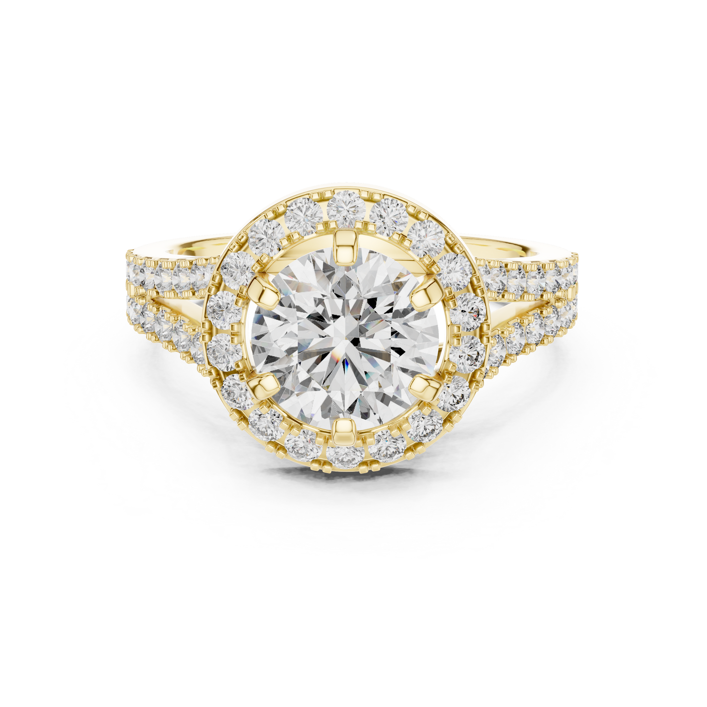 Round Lab Grown Diamond Engagement Ring | Triple-Row Pavé Halo Style | 10K, 14K, and 18K Gold