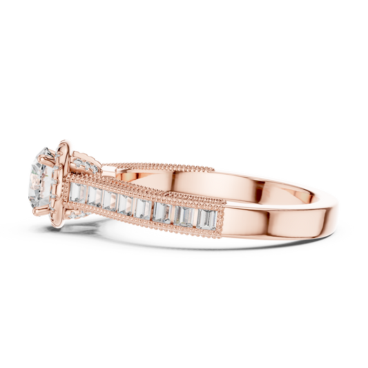 Round Lab Grown Diamond Engagement Ring | Baguette & Round Pavé Band | 10K, 14K, and 18K Gold