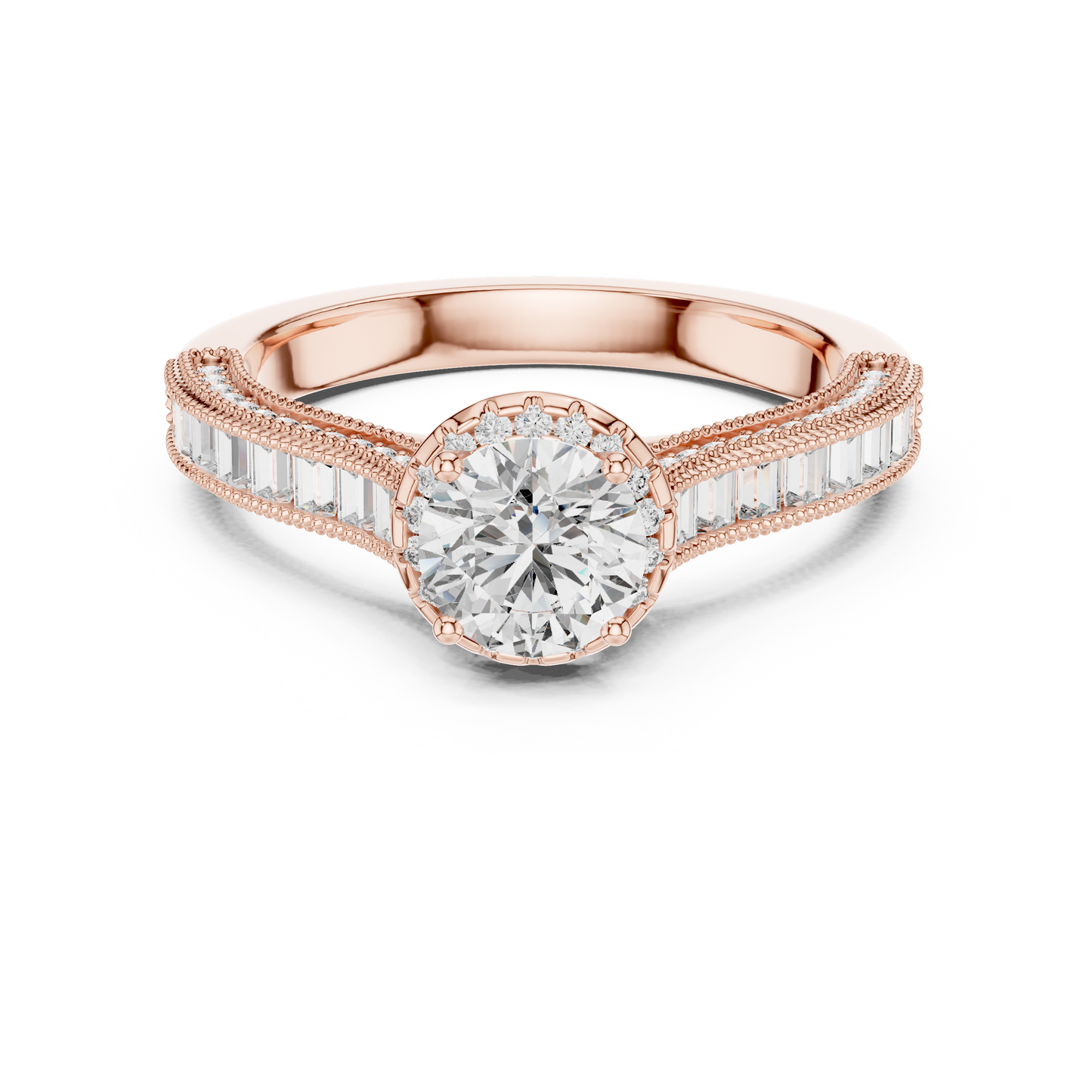 Round Lab Grown Diamond Engagement Ring | Baguette & Round Pavé Band | 10K, 14K, and 18K Gold