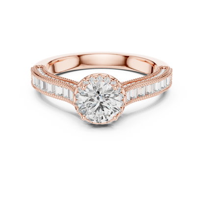 Round Lab Grown Diamond Engagement Ring | Baguette & Round Pavé Band | 10K, 14K, and 18K Gold