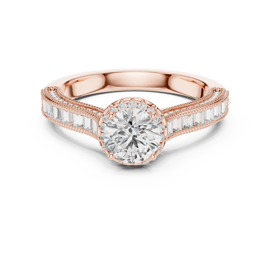 Round Lab Grown Diamond Engagement Ring | Baguette & Round Pavé Band | 10K, 14K, and 18K Gold