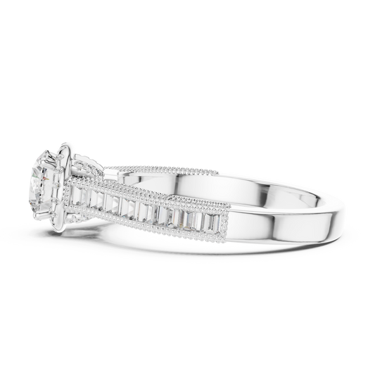 Round Lab Grown Diamond Engagement Ring | Baguette & Round Pavé Band | 10K, 14K, and 18K Gold