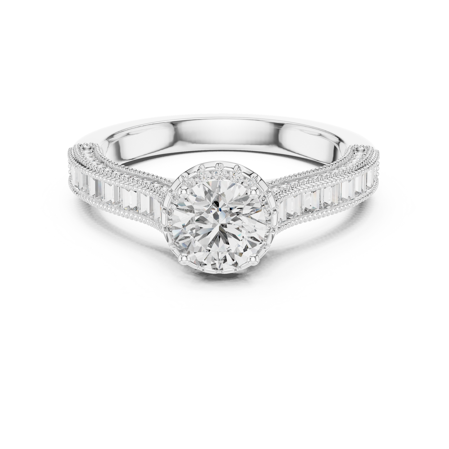 Round Lab Grown Diamond Engagement Ring | Baguette & Round Pavé Band | 10K, 14K, and 18K Gold