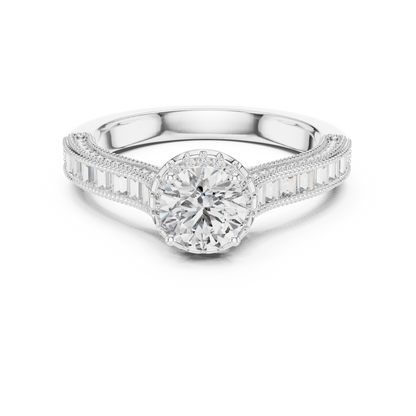Round Lab Grown Diamond Engagement Ring | Baguette & Round Pavé Band | 10K, 14K, and 18K Gold