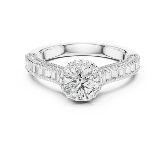 Round Lab Grown Diamond Engagement Ring | Baguette & Round Pavé Band | 10K, 14K, and 18K Gold