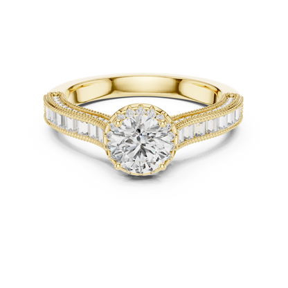 Round Lab Grown Diamond Engagement Ring | Baguette & Round Pavé Band | 10K, 14K, and 18K Gold