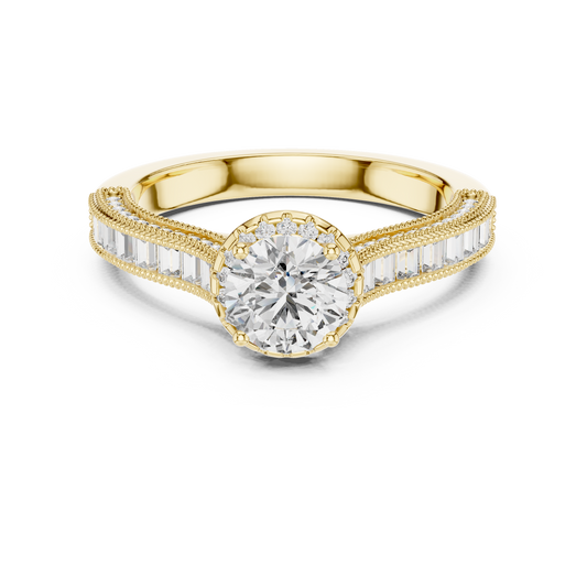 Round Lab Grown Diamond Engagement Ring | Baguette & Round Pavé Band | 10K, 14K, and 18K Gold