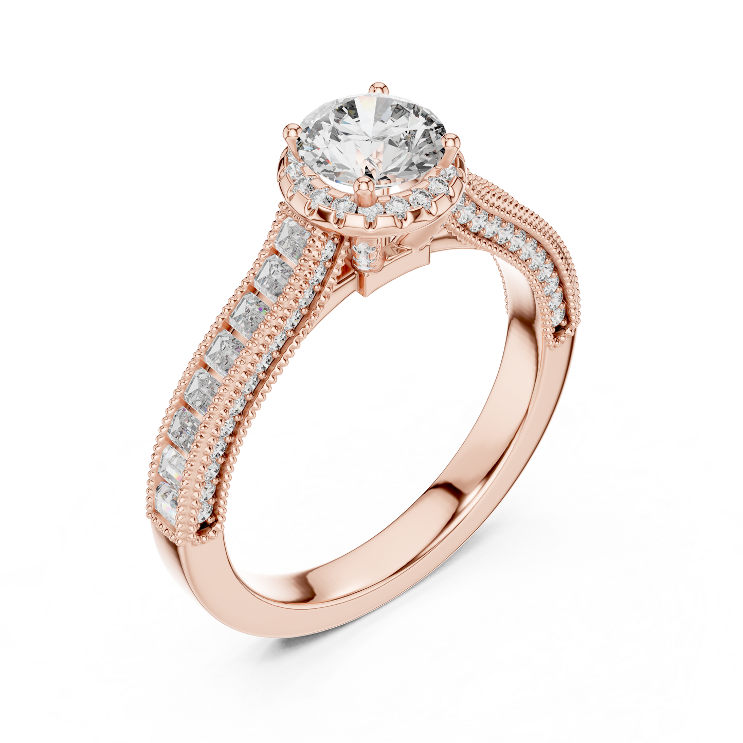 Round Lab Grown Diamond Engagement Ring | Baguette & Round Pavé Band | 10K, 14K, and 18K Gold