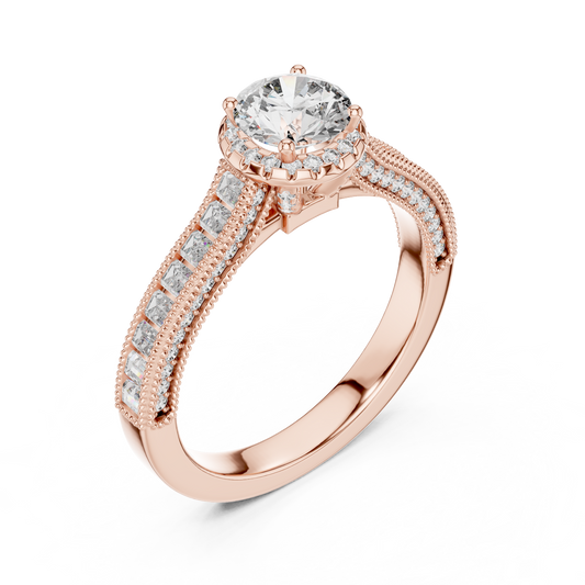Round Lab Grown Diamond Engagement Ring | Baguette & Round Pavé Band | 10K, 14K, and 18K Gold