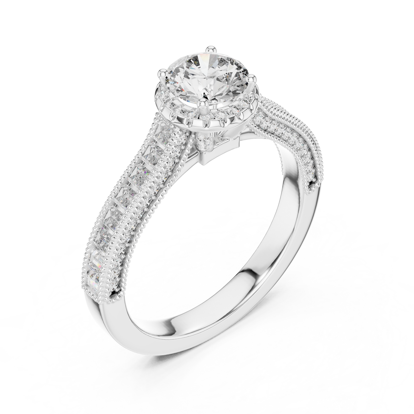 Round Lab Grown Diamond Engagement Ring | Baguette & Round Pavé Band | 10K, 14K, and 18K Gold