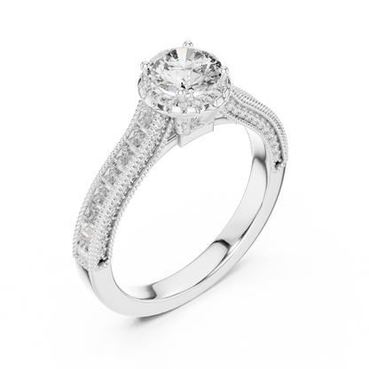 Round Lab Grown Diamond Engagement Ring | Baguette & Round Pavé Band | 10K, 14K, and 18K Gold