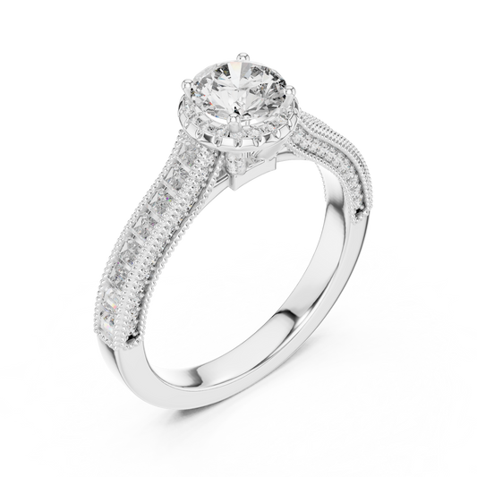Round Lab Grown Diamond Engagement Ring | Baguette & Round Pavé Band | 10K, 14K, and 18K Gold
