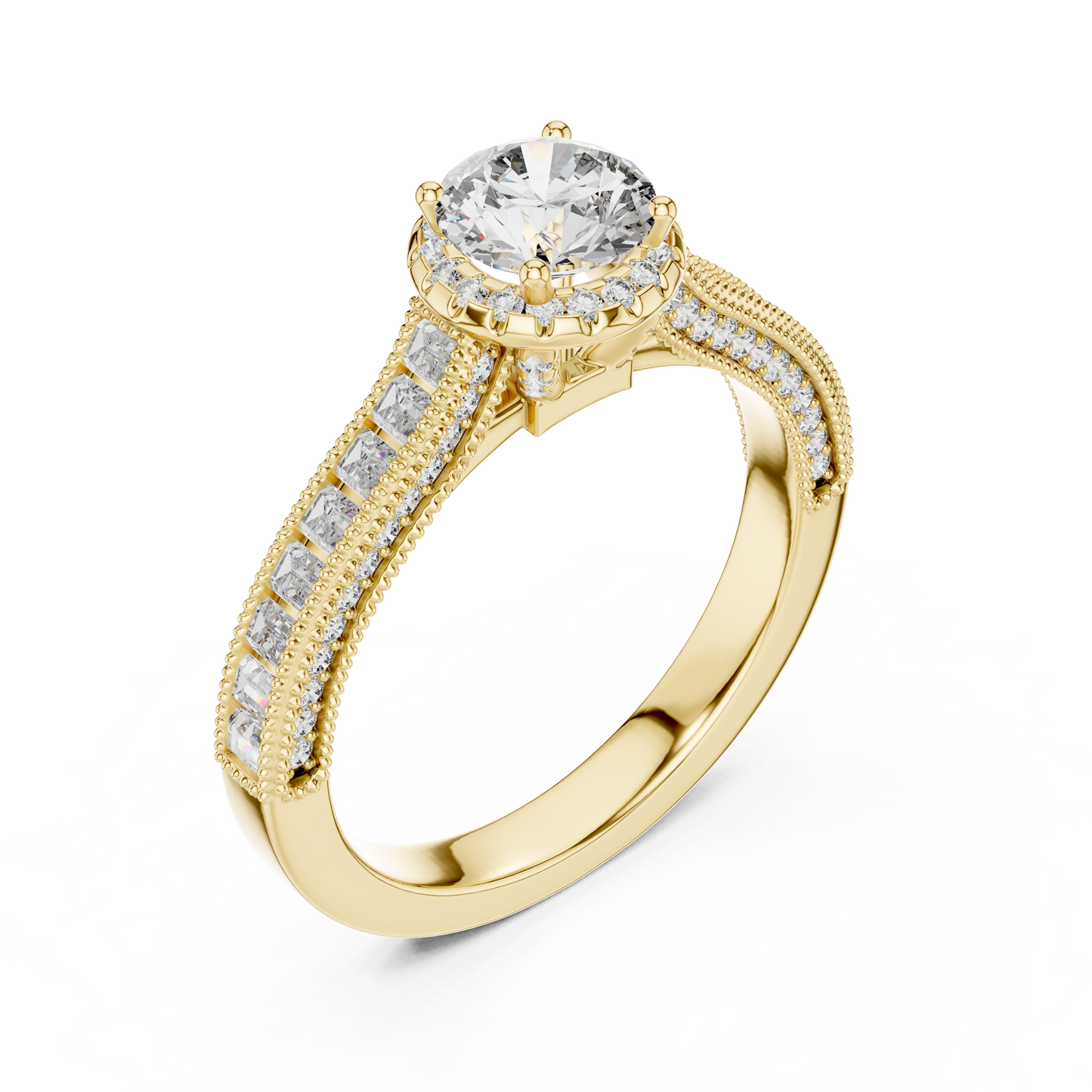 Round Lab Grown Diamond Engagement Ring | Baguette & Round Pavé Band | 10K, 14K, and 18K Gold