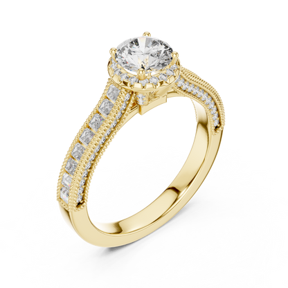 Round Lab Grown Diamond Engagement Ring | Baguette & Round Pavé Band | 10K, 14K, and 18K Gold