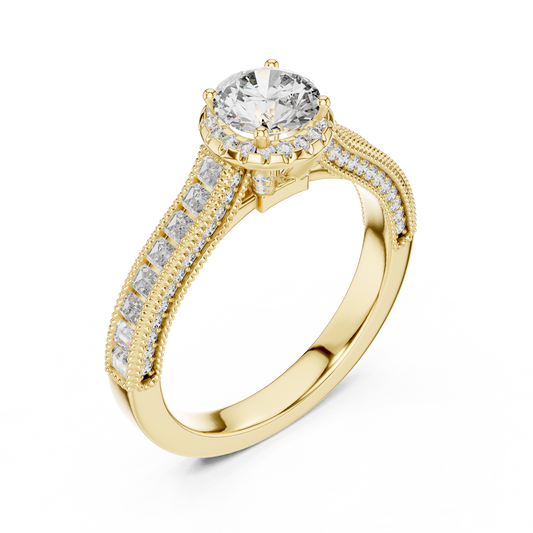 Round Lab Grown Diamond Engagement Ring | Baguette & Round Pavé Band | 10K, 14K, and 18K Gold
