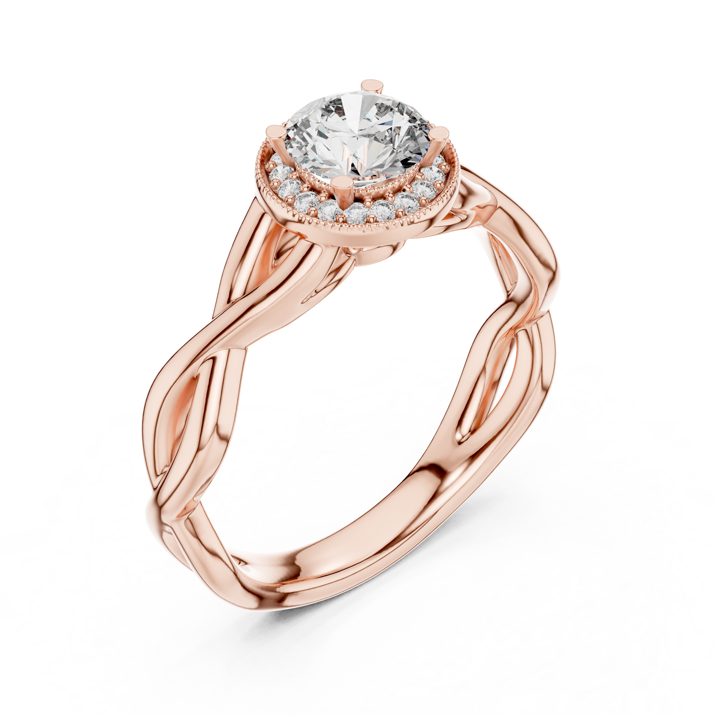 Round Lab Grown Diamond Infinity Twist Ring | Hidden Halo Solitaire | 10K, 14K, and 18K Gold