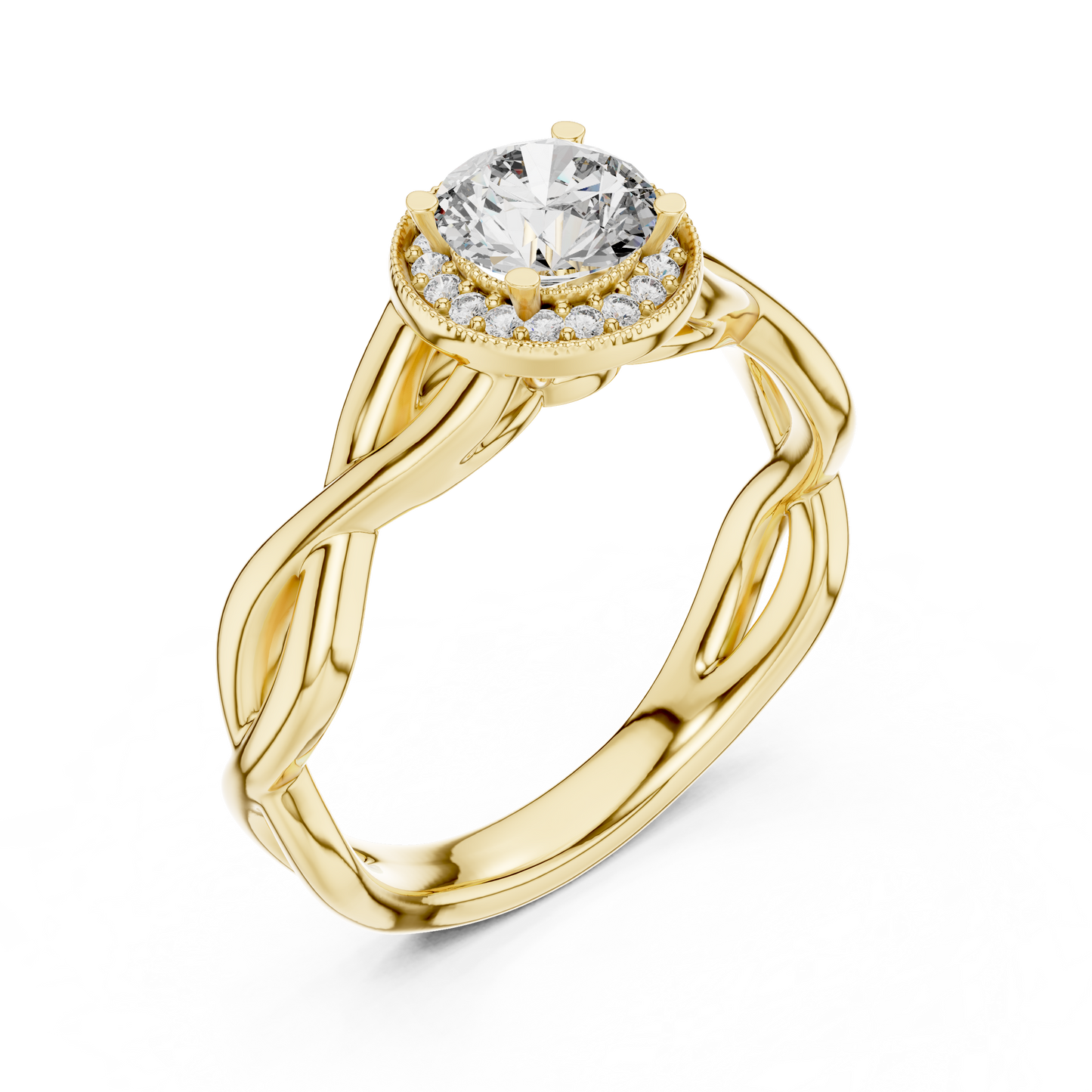 Round Lab Grown Diamond Infinity Twist Ring | Hidden Halo Solitaire | 10K, 14K, and 18K Gold