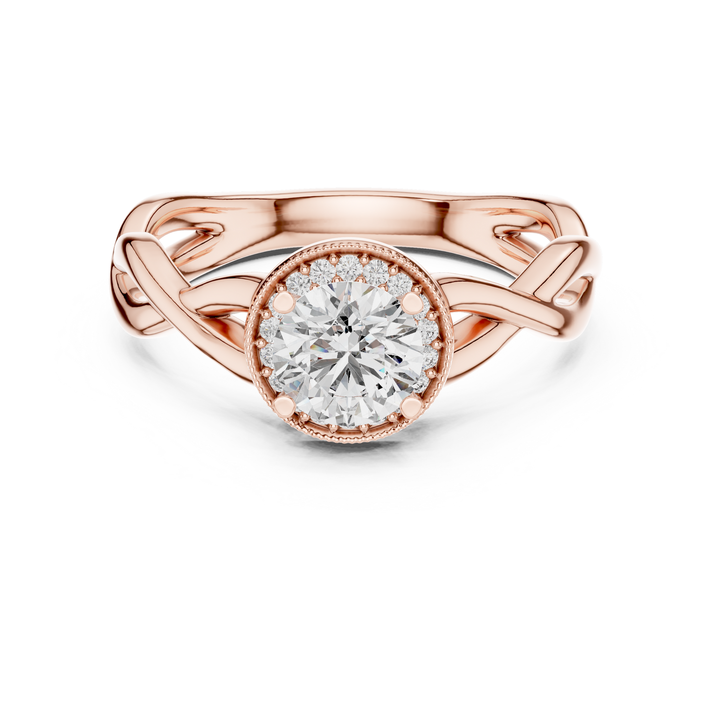 Round Lab Grown Diamond Infinity Twist Ring | Hidden Halo Solitaire | 10K, 14K, and 18K Gold