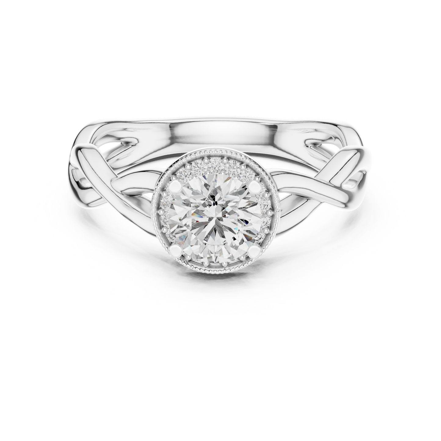 Round Lab Grown Diamond Infinity Twist Ring | Hidden Halo Solitaire | 10K, 14K, and 18K Gold