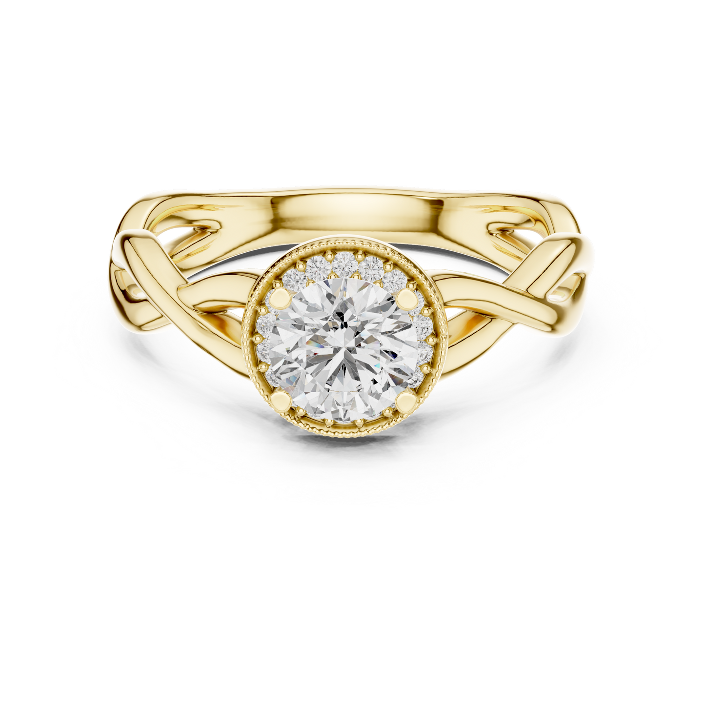 Round Lab Grown Diamond Infinity Twist Ring | Hidden Halo Solitaire | 10K, 14K, and 18K Gold