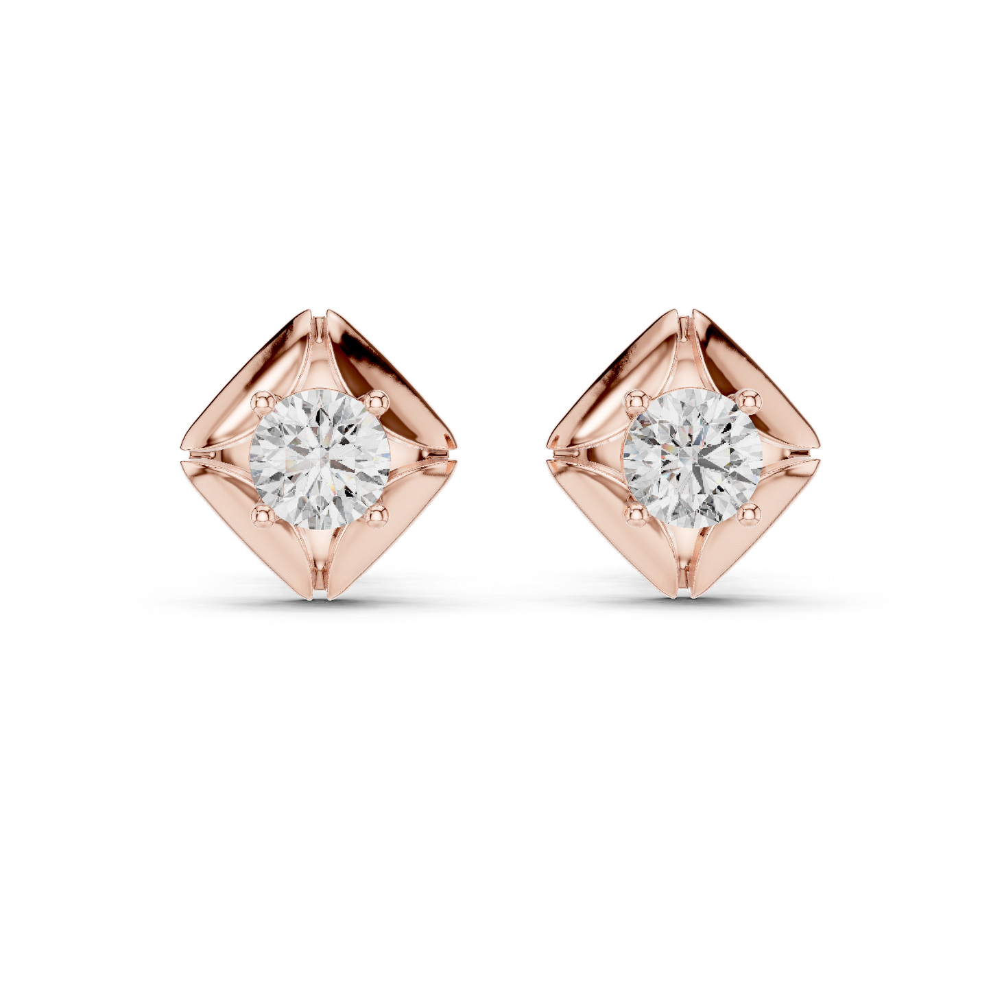 Round Lab Grown Diamond Geometric Star Stud Earrings | Modern Four-Prong Solitaire | 10K, 14K, and 18K Gold