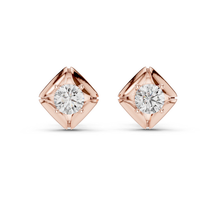 Round Lab Grown Diamond Geometric Star Stud Earrings | Modern Four-Prong Solitaire | 10K, 14K, and 18K Gold