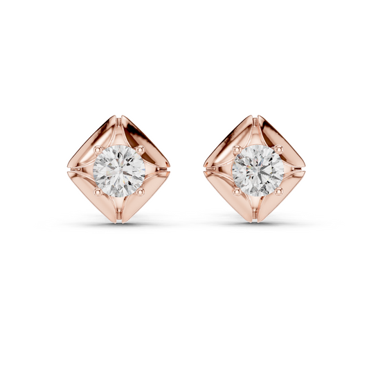 Round Lab Grown Diamond Geometric Star Stud Earrings | Modern Four-Prong Solitaire | 10K, 14K, and 18K Gold