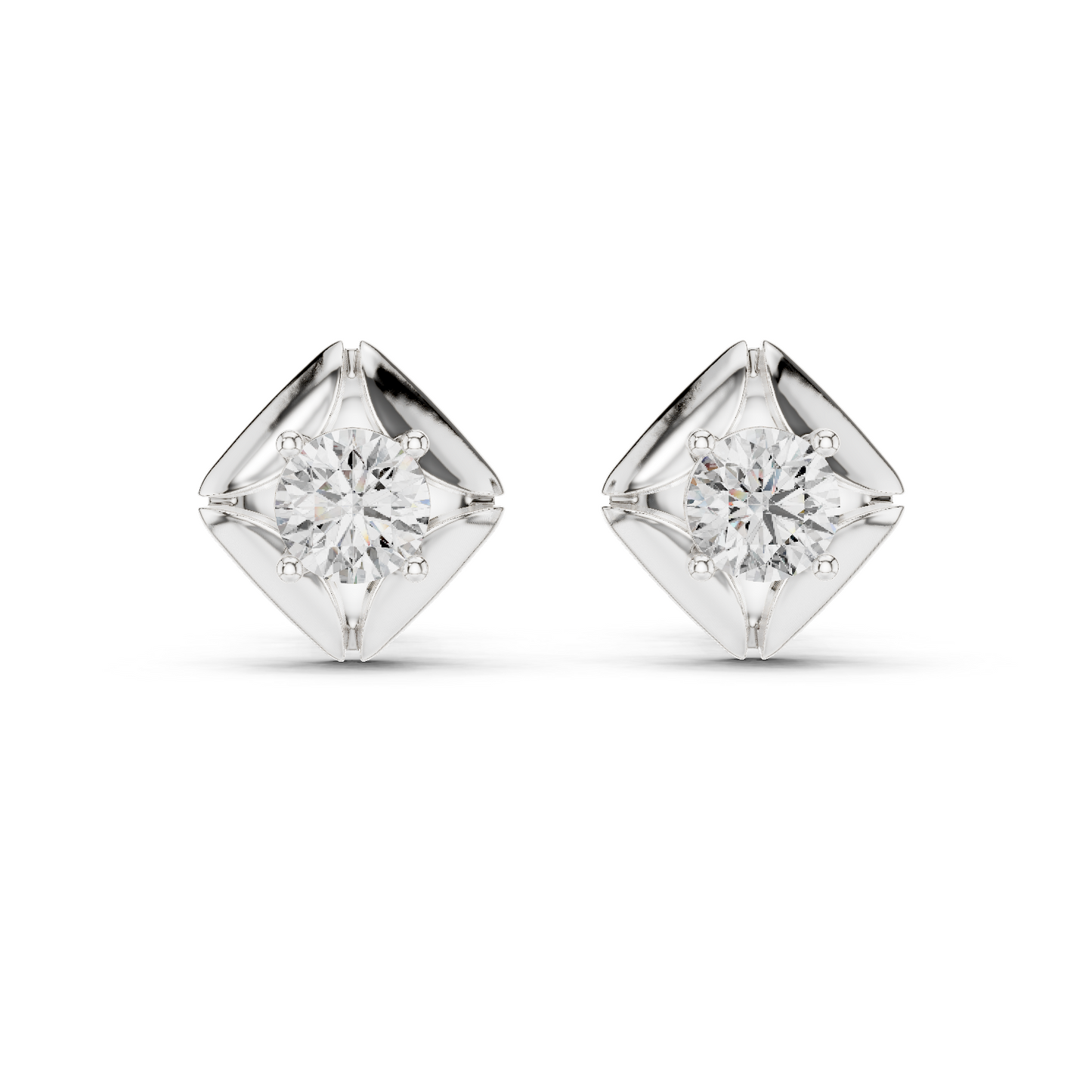Round Lab Grown Diamond Geometric Star Stud Earrings | Modern Four-Prong Solitaire | 10K, 14K, and 18K Gold