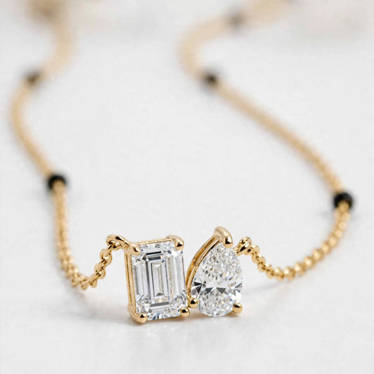 14K Gold Toi et Moi Diamond Mangalsutra Necklace - Modern Black Bead Necklace for Daily Wear