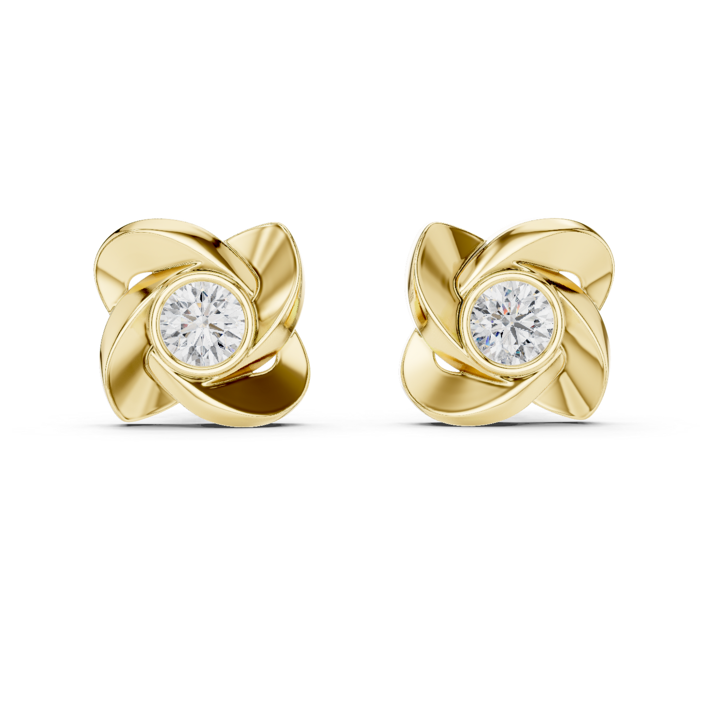 Round Lab Grown Diamond Pinwheel Stud Earrings | Modern Swirl Solitaire | 10K, 14K, and 18K Gold