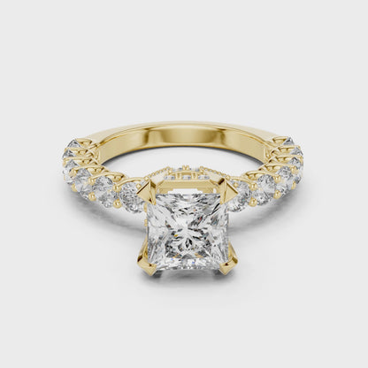 Princess Cut Lab Grown Diamond Engagement Ring | Bubble Pavé Band | 10K, 14K, and 18K Gold