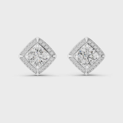 Round Lab Grown Diamond Cushion Halo Stud Earrings | Square Pave Border Style | 10K, 14K, and 18K Gold