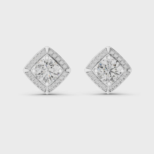 Round Lab Grown Diamond Cushion Halo Stud Earrings | Square Pave Border Style | 10K, 14K, and 18K Gold