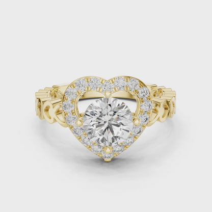 Round Lab Grown Diamond Heart-Halo Engagement Ring | Scalloped Pavé Band | 10K, 14K, and 18K Gold