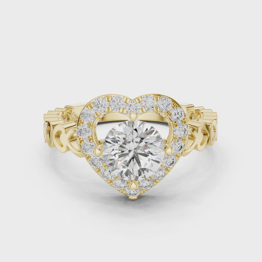 Round Lab Grown Diamond Heart-Halo Engagement Ring | Scalloped Pavé Band | 10K, 14K, and 18K Gold