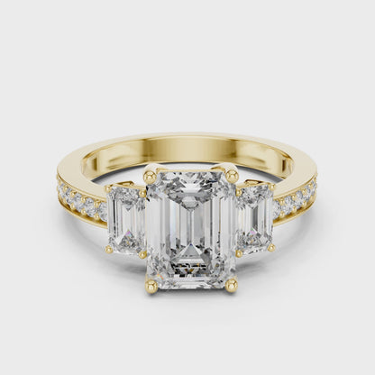Emerald Cut Lab Grown Diamond Engagement Ring | Three-Stone Style with Pavé Band | 10K, 14K, and 18K Gold