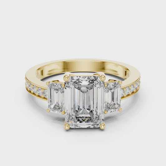 Emerald Cut Lab Grown Diamond Engagement Ring | Three-Stone Style with Pavé Band | 10K, 14K, and 18K Gold