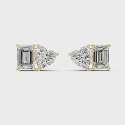 Emerald & Heart Lab Grown Diamond Toi et Moi Earrings | Unique Stud Set | 10K, 14K, and 18K Gold