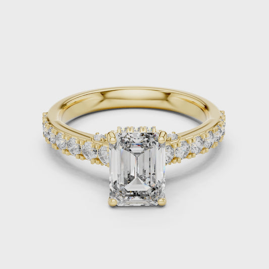 Emerald Cut Lab Grown Diamond Engagement Ring | Bold Bubble Pavé Band | 10K, 14K, and 18K Gold