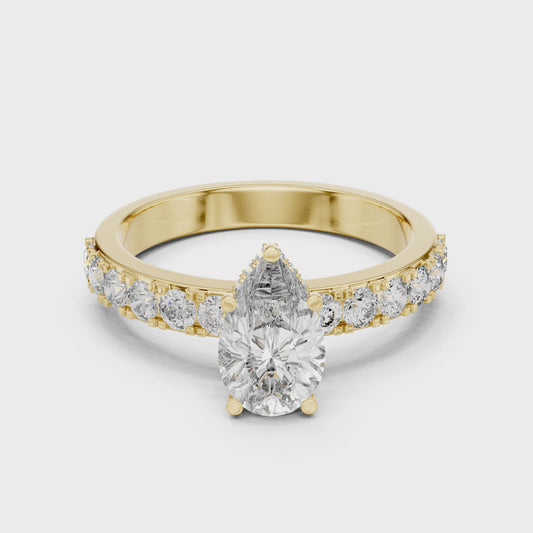 Pear Cut Lab Grown Diamond Engagement Ring | Hidden Halo Bubble Pavé Band | 10K, 14K, and 18K Gold