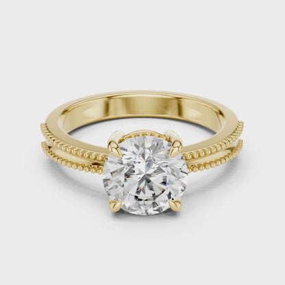 Round Lab Grown Diamond Solitaire Ring | Beaded Milgrain Band | Solid Gold