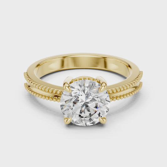 Round Lab Grown Diamond Solitaire Ring | Beaded Milgrain Band | Solid Gold
